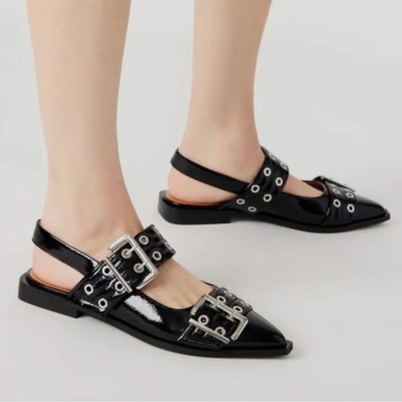 Madden Girl Goth black patent leather pointed toe buckle slingback flats 10M - Picture 2 of 14